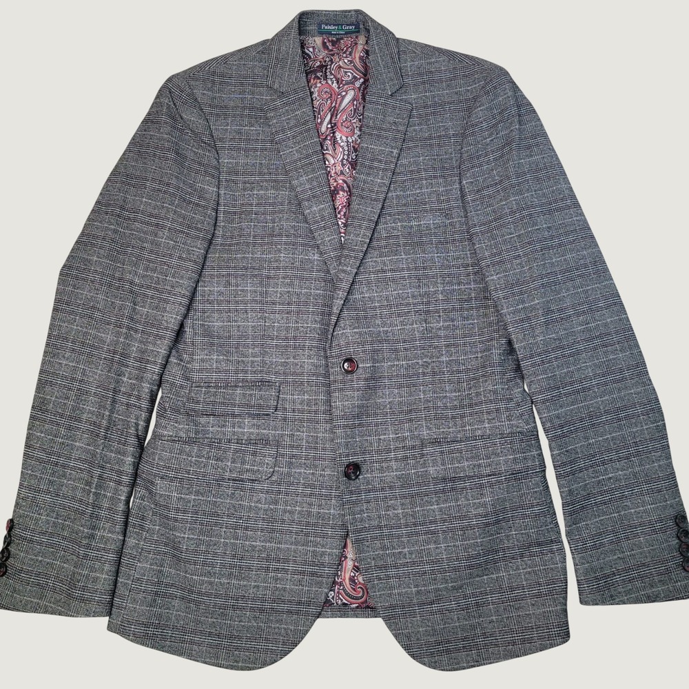 Paisley & Gray Slim Fit Blazer 36R Mens Gray Plaid Paisley Lining Sport Coat